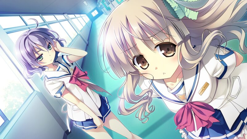 Two schoolgirls in a hallway