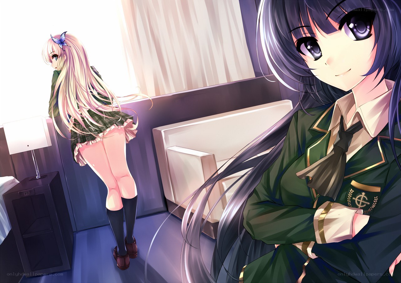 Two schoolgirls in a room