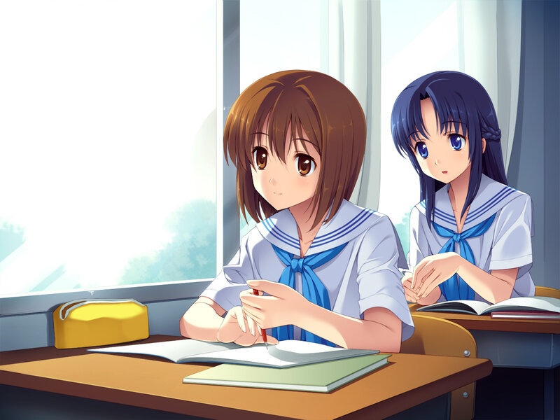 Two Schoolgirls in Classroom — Blue, Calm, Morning