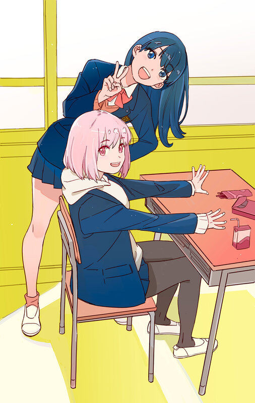 Two Schoolgirls in Classroom — Blue, Playful, Afternoon