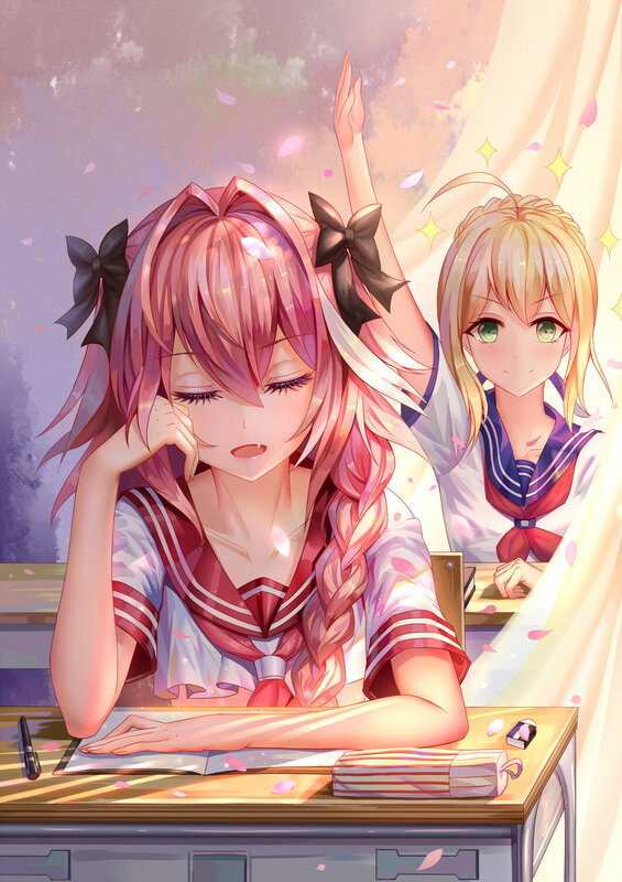 Two Schoolgirls in Classroom — Pink
