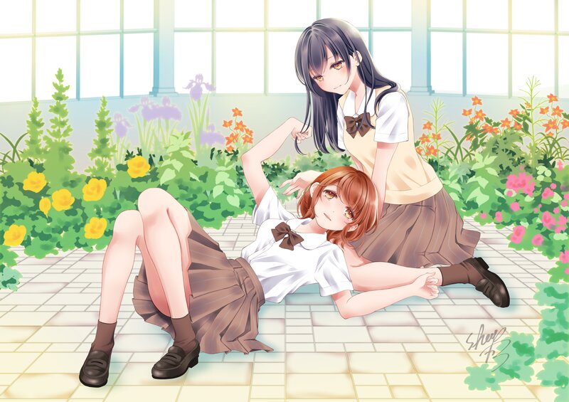 Two Schoolgirls in Garden