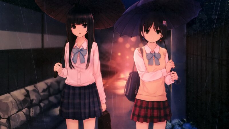 Two Schoolgirls in Rain — Black, Dramatic