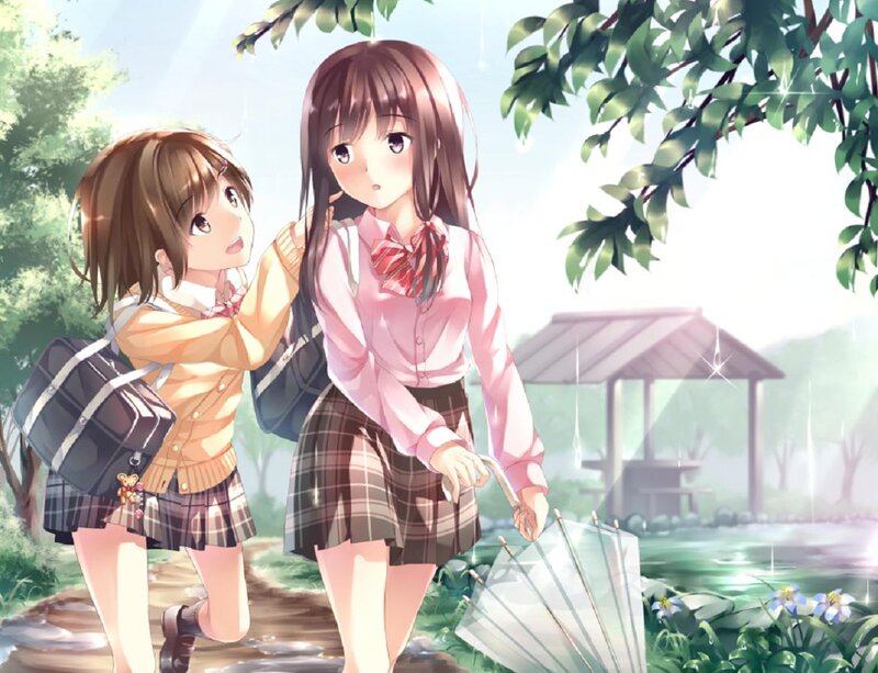 Two Schoolgirls in Rain — Green