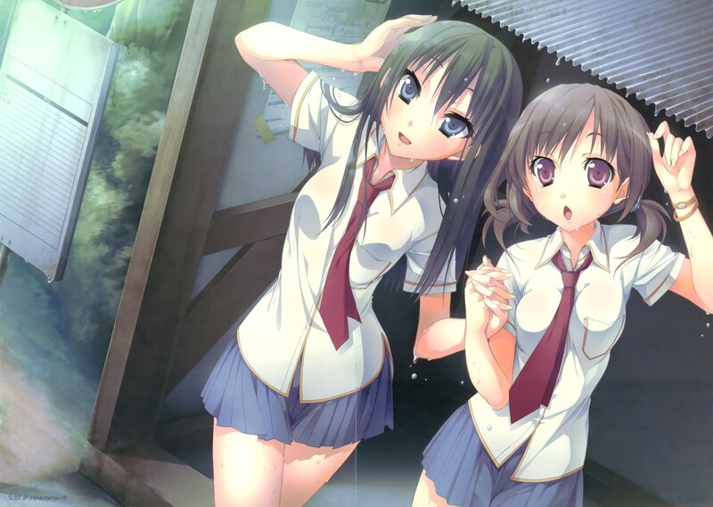 Two Schoolgirls in Rain — White