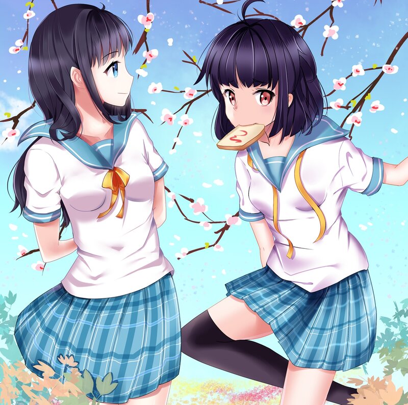 Two Schoolgirls in Uniforms — Blue, Cheerful, Spring