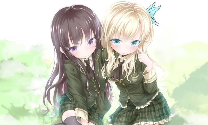 Two Schoolgirls in Uniforms — Green, Calm, Anime, School Uniform