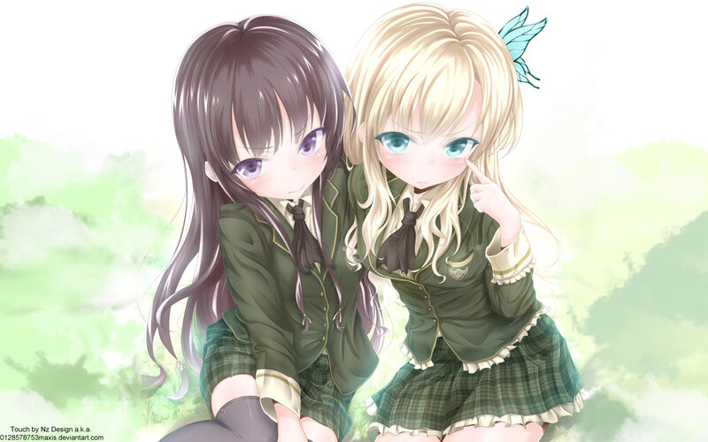 Two Schoolgirls in Uniforms — Green, Calm, Anime