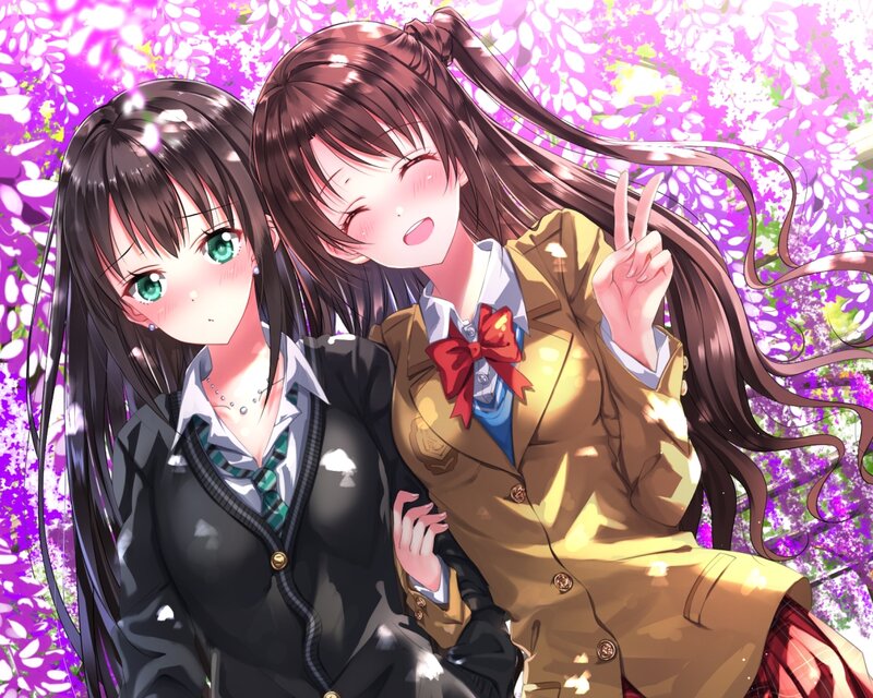 Two Schoolgirls in Uniforms — Purple, Cheerful