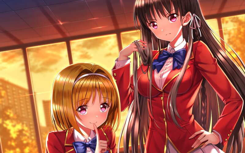 Two Schoolgirls in Uniforms — Red, Dramatic