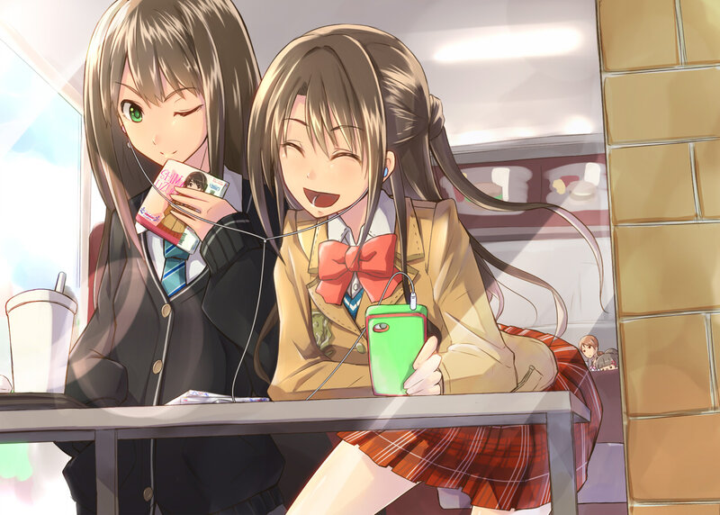 Two Schoolgirls Listening to Music