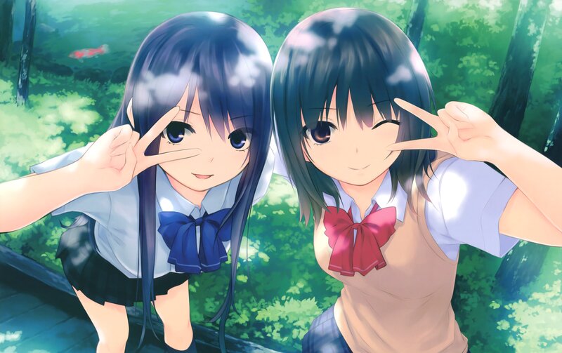 Two Schoolgirls Making Peace Signs — Green