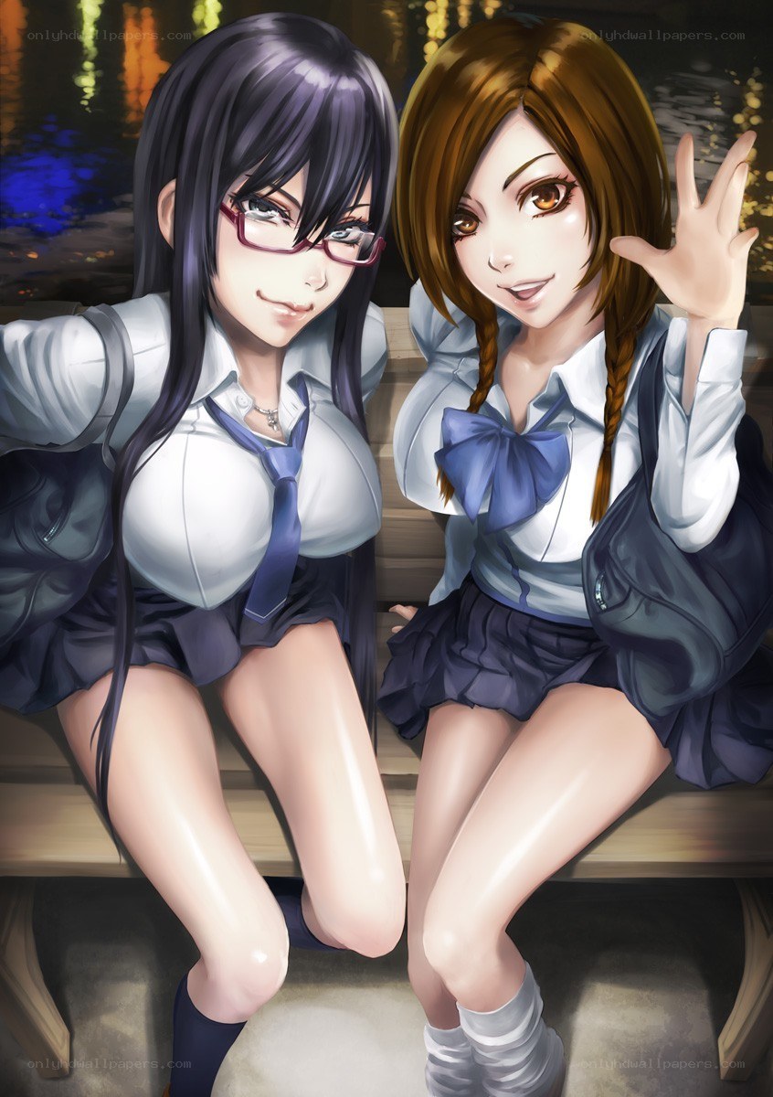 Two schoolgirls on a bench
