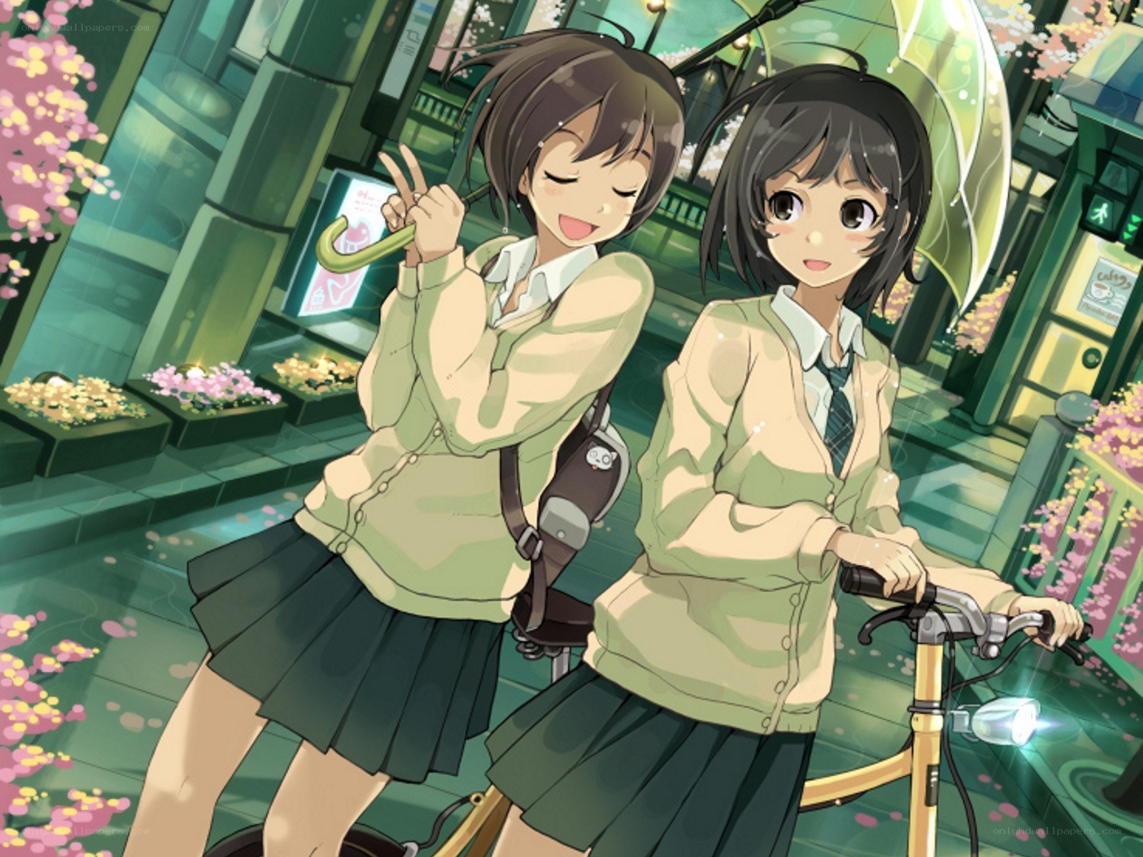 Two schoolgirls on a rainy day