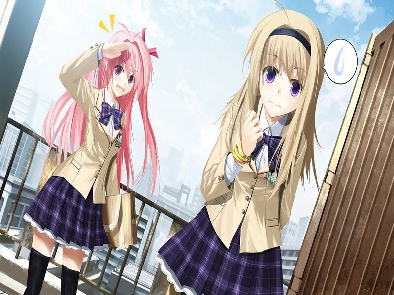 Two Schoolgirls on Balcony — Pink