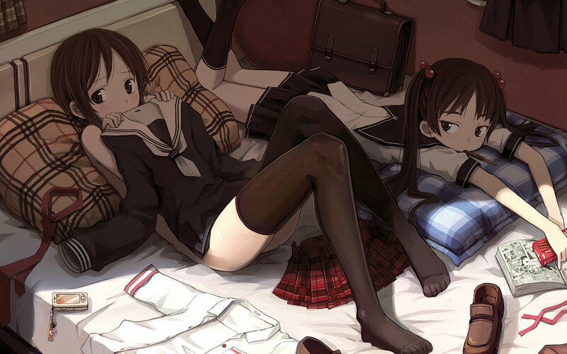 Two Schoolgirls on Bed — Brown