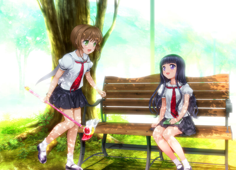 Two Schoolgirls on Bench — Green