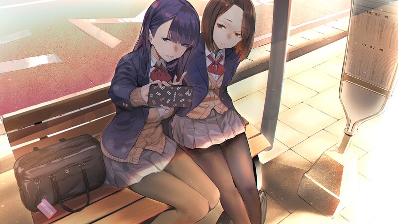 Two Schoolgirls on Bench — Purple