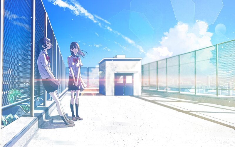 Two Schoolgirls on Rooftop — Blue