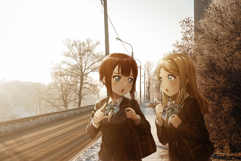 Two Schoolgirls on Sidewalk