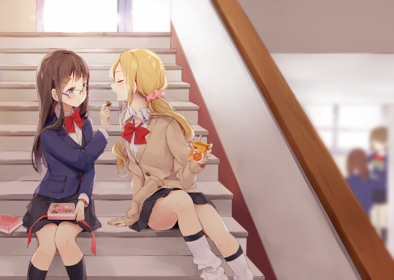 Two Schoolgirls on Stairs — Blue, Calm
