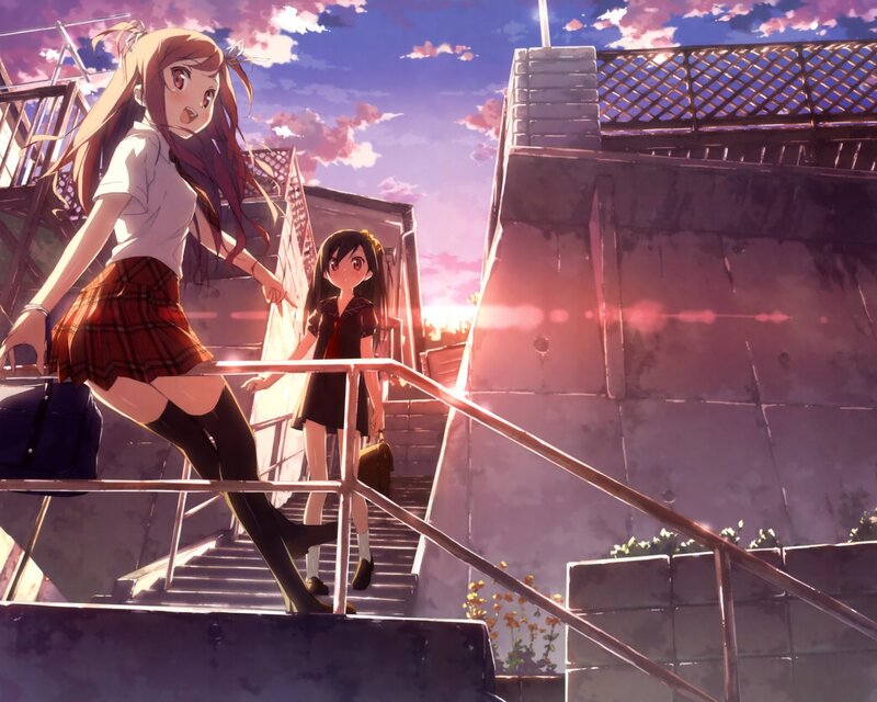 Two Schoolgirls on Stairs — Purple, Dramatic