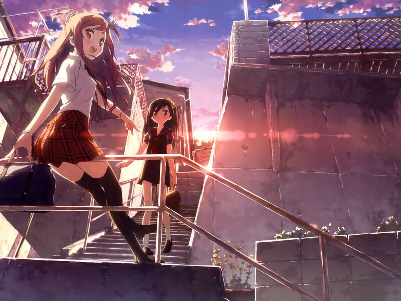 Two Schoolgirls on Stairs — Purple