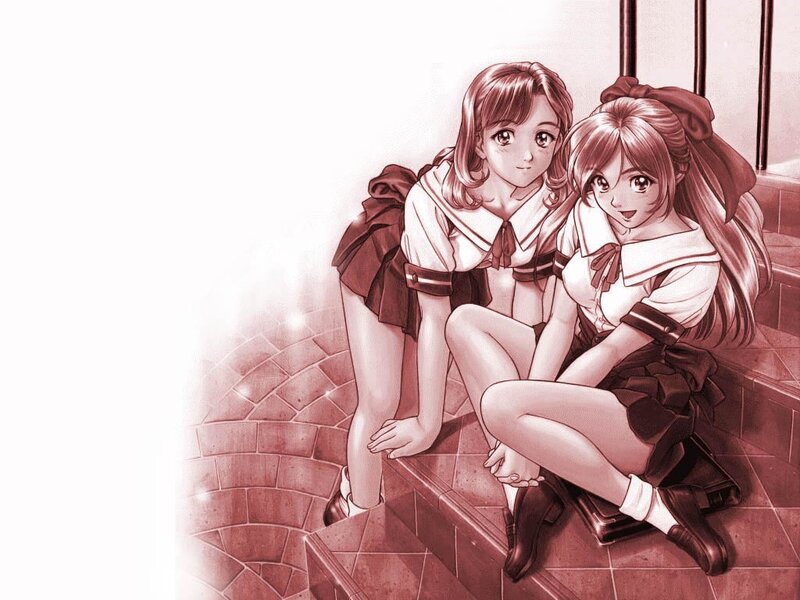 Two schoolgirls on stairs