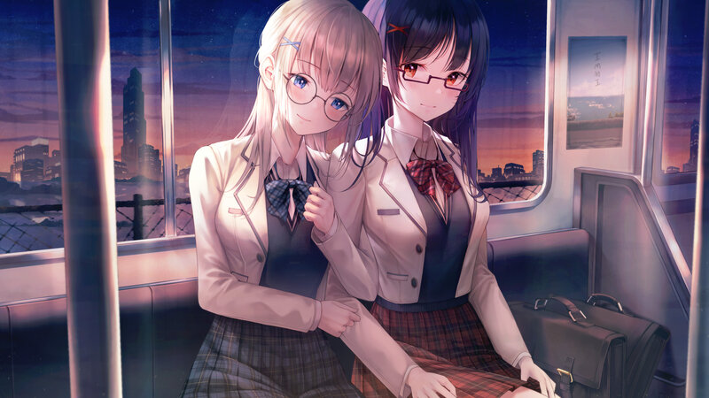 Two Schoolgirls on Train — Purple