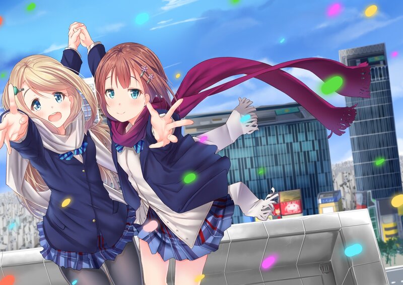Two Schoolgirls Posing — Blue