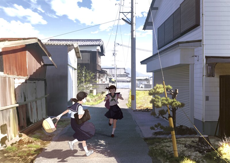 Two Schoolgirls Running — Blue