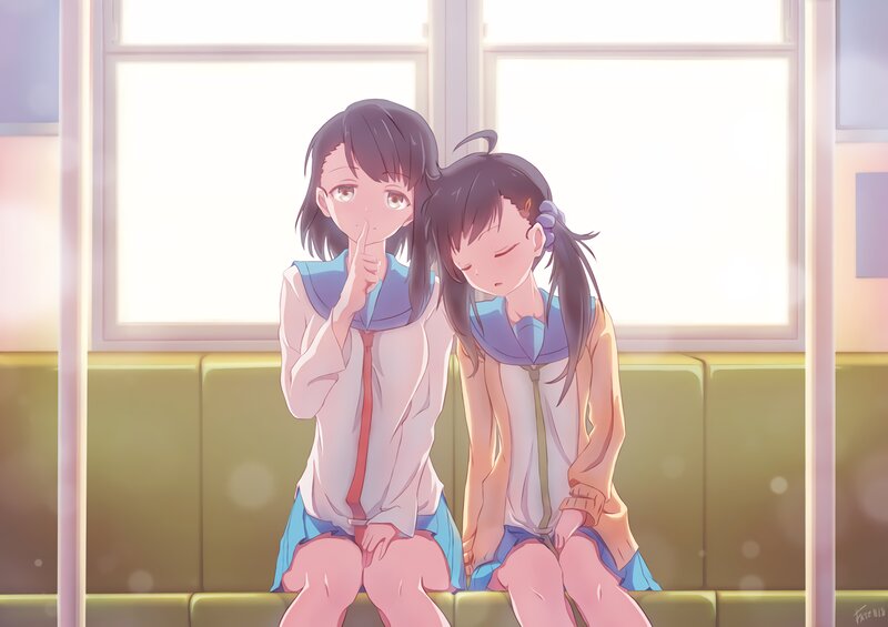 Two Schoolgirls Sitting — Blue, Calm, Afternoon, Anime