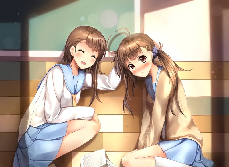 Two Schoolgirls Sitting — Blue, Calm