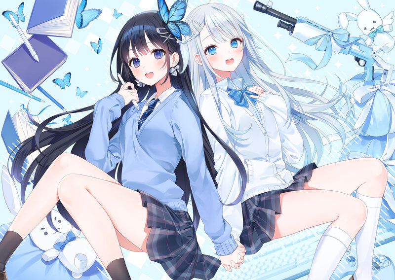 Two Schoolgirls Sitting — Blue, Playful
