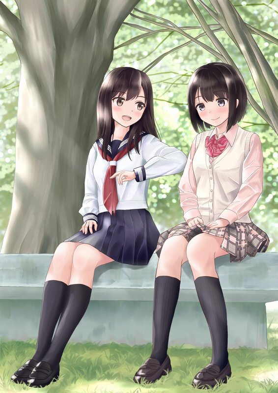 Two Schoolgirls Sitting — Green, Calm, Afternoon