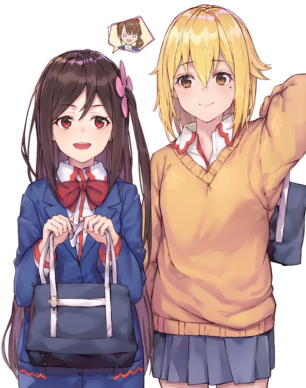Two Schoolgirls Standing — Blue, Cheerful