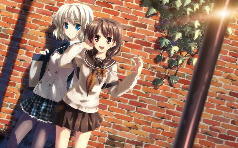 Two Schoolgirls Standing — Brown, Calm, Afternoon