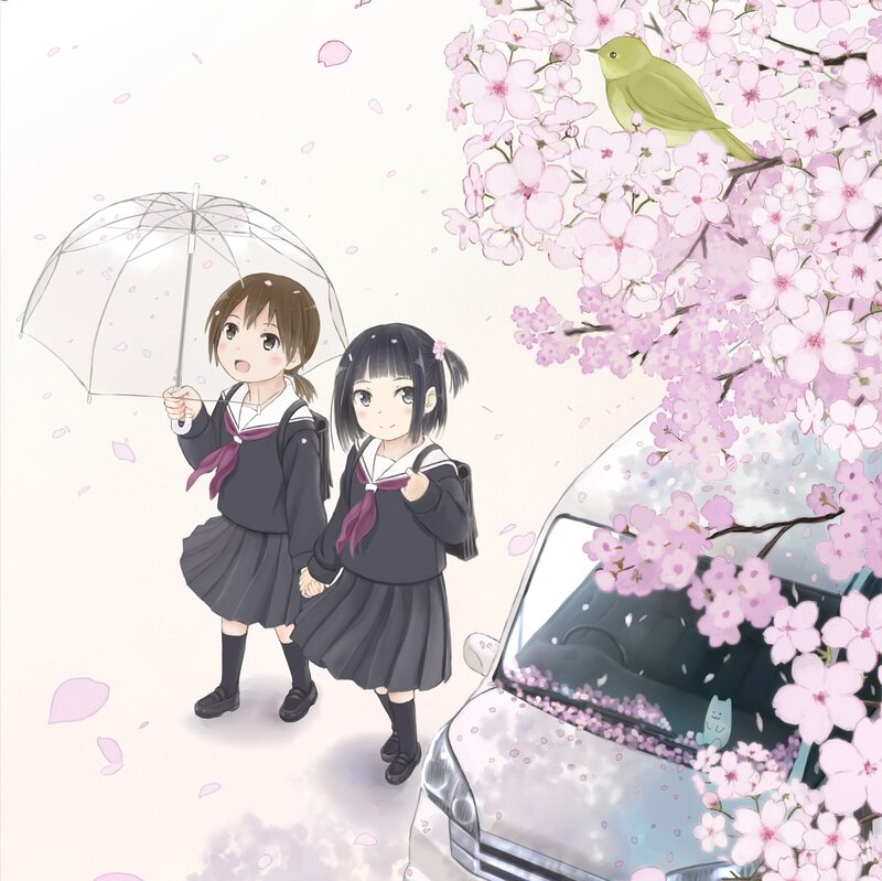 Two Schoolgirls under Cherry Blossoms — Pink, Serene