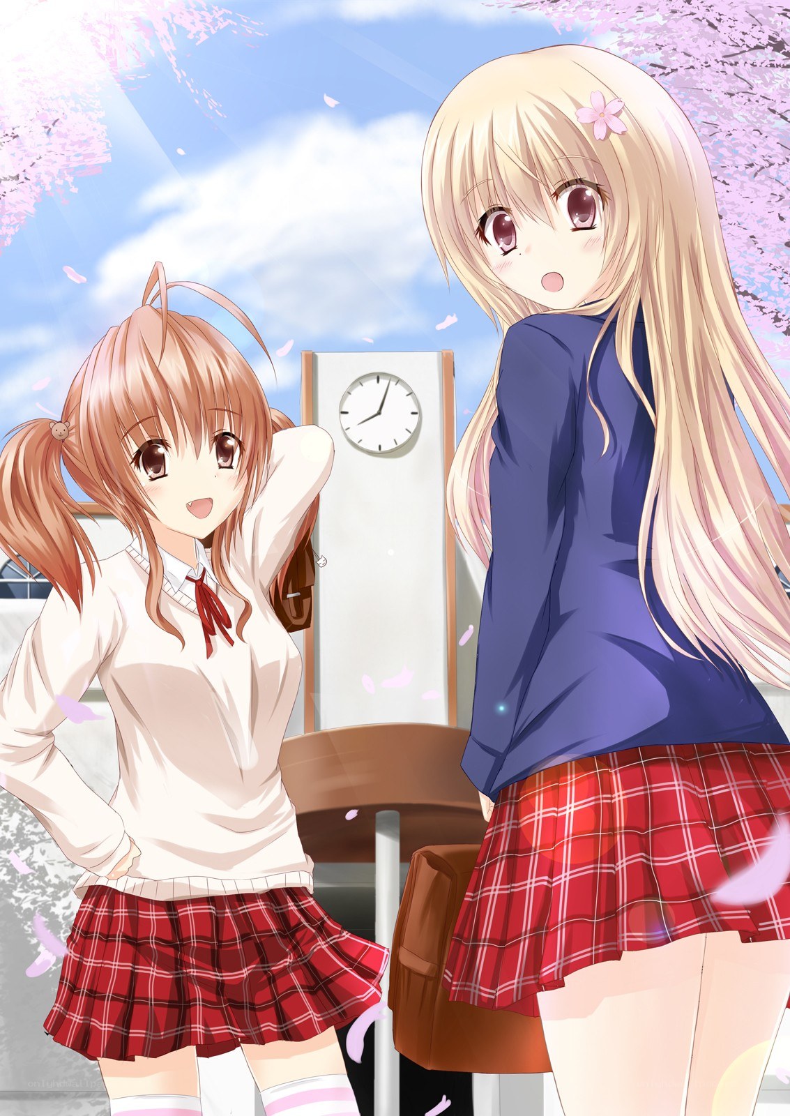 Two schoolgirls under cherry blossoms
