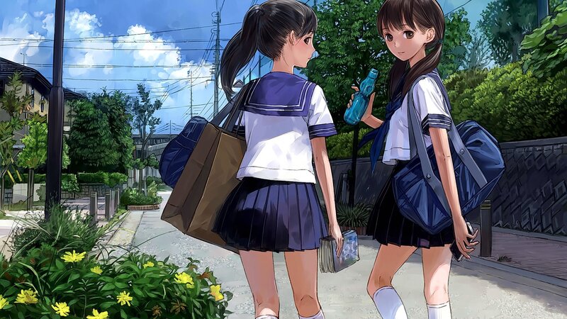 Two Schoolgirls Walking — Blue, Calm, Afternoon