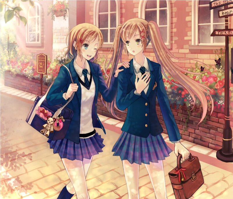 Two Schoolgirls Walking — Blue, Calm