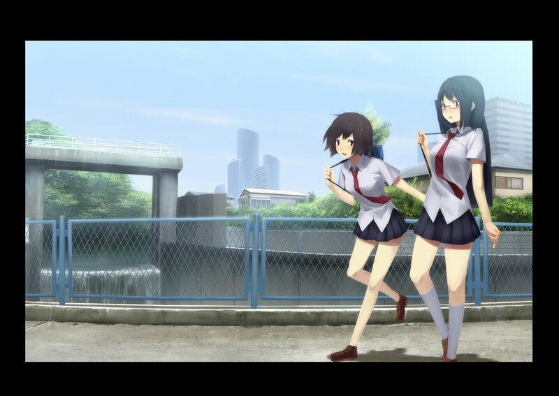 Two Schoolgirls Walking — Blue