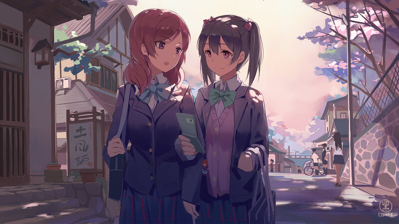 Two Schoolgirls Walking — Purple, Serene, Spring