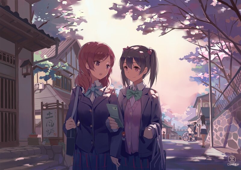 Two Schoolgirls Walking — Purple, Serene