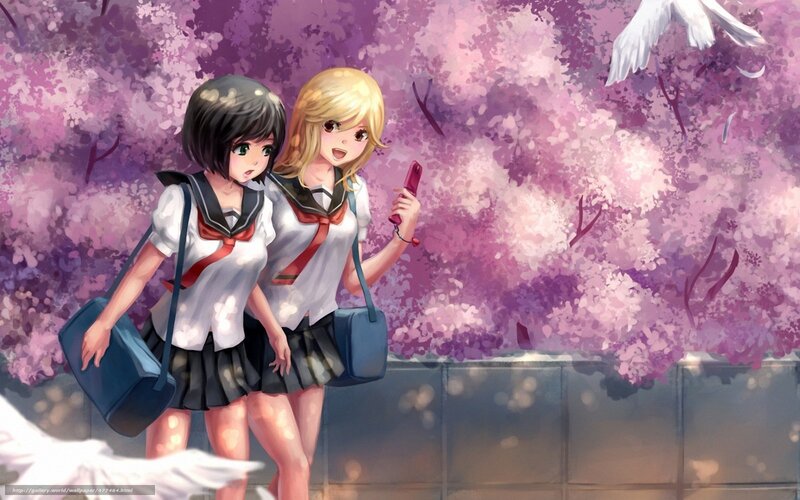 Two Schoolgirls Walking — Purple