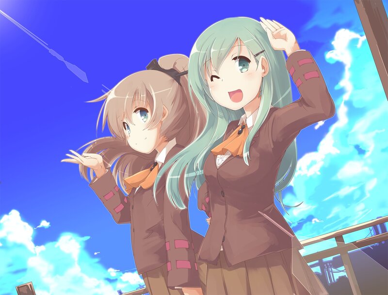 Two Schoolgirls Waving