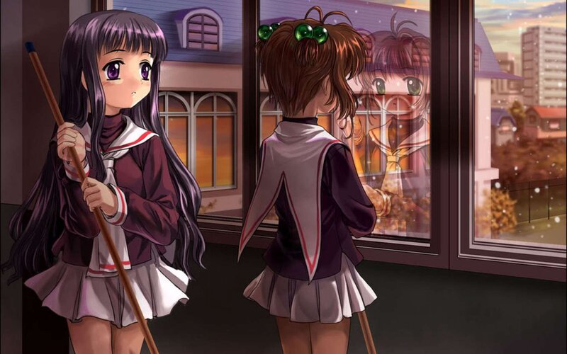 Two Schoolgirls with Brooms — Purple