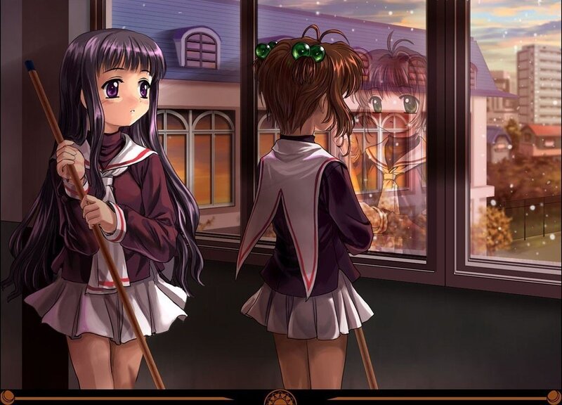 Two Schoolgirls with Brooms