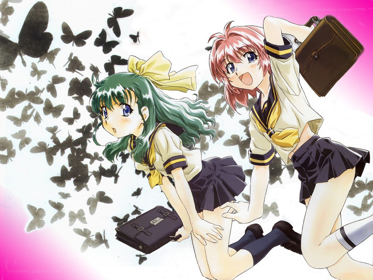 Two schoolgirls with butterflies
