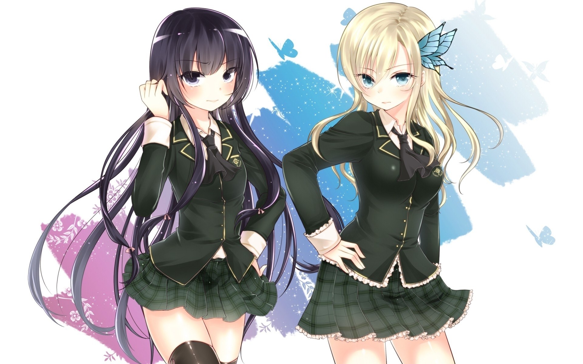 Two schoolgirls with butterflies